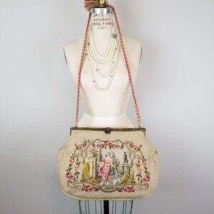 Gorgeous Large Vintage Romantic Floral Needlepoint Purse Courting Couple & Roses
